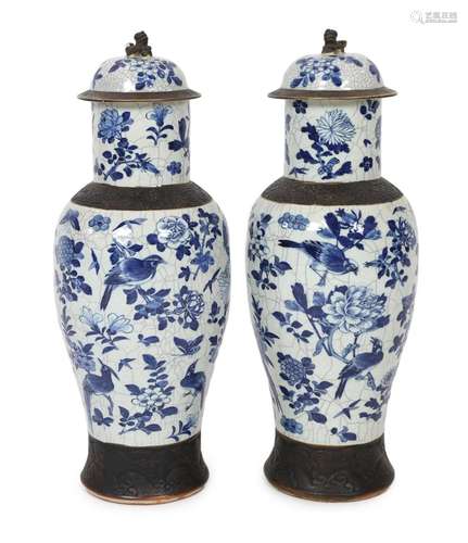 A pair of large Chinese blue and white crackle glaze vases a...