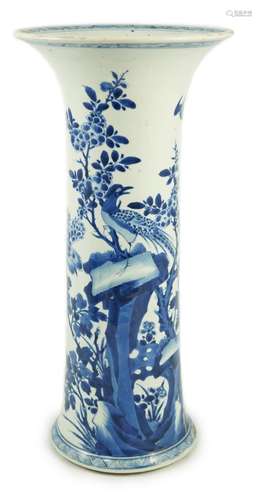 A tall Chinese blue and white ‘pheasants and rocks’ beaker v...