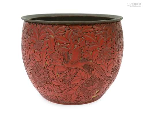 A large Chinese cinnabar lacquer ‘pheasant and peony’ jardin...