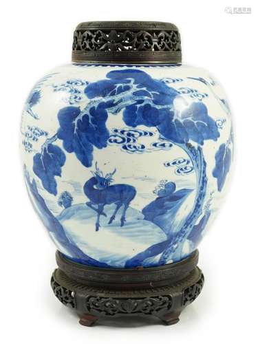 A Chinese blue and white ‘deer and crane’ ovoid jar, Kangxi ...