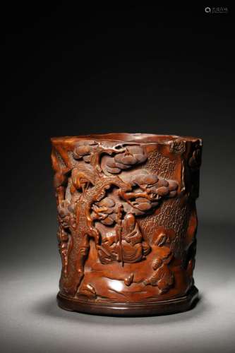 A QING CARVED WOOD BRUSH POT
