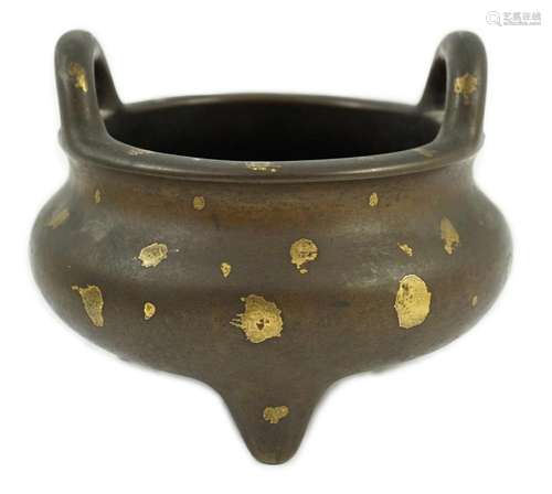 A large Chinese gold-splashed bronze tripod censer, ding, Ka...