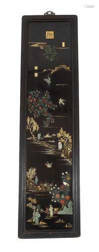 A Chinese jade mounted lacquer panel, 20th century, one appl...