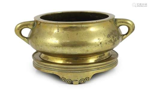 A large Chinese polished bronze censer and stand, gui, Xuand...