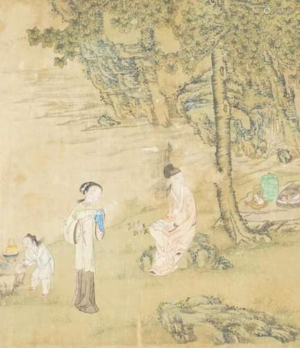 An album of six Chinese paintings on silk of lovers, late Mi...