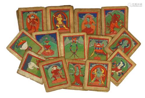 A set of thirty six Tibetan painted thangka pages, 19th cent...