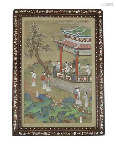 A Chinese painting on silk of ladies in a pavilion garden, c...