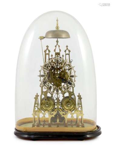 A Victorian brass cathedral skeleton clock, 46cm high, with ...