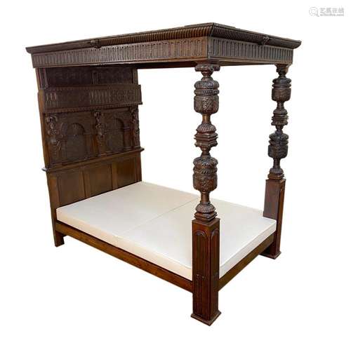 A 17th century style oak tester bedstead, width 144cm, lengt...