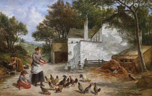 John Thomas Peele (1822-1897), Feeding the chickens, oil on ...