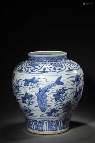 A MING PERIOD BLUE AND WHITE 'FISH' JAR