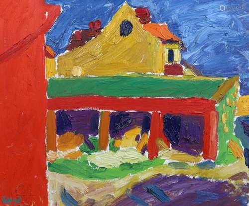 George Hooper (British, 1910-1994), House and barn, oil on c...