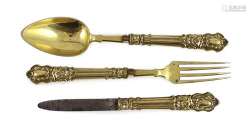 A 19th century French silver gilt three piece folding cutler...