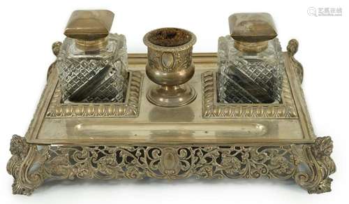 An ornate Edwardian silver rectangular inkstand, by Mappin &...