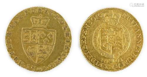 Two George III gold half guineas, 1794 and 1801