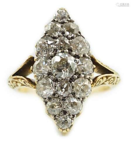 An early to mid 20th century 18ct gold and fifteen stone dia...