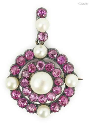 A Victorian gold and silver, pink gem and pearl cluster set ...