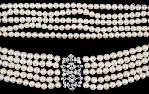 A mid 20th century quintuple strand cultured pearl choker ne...