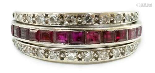 A mid 20th century white gold, diamond, ruby and sapphire se...