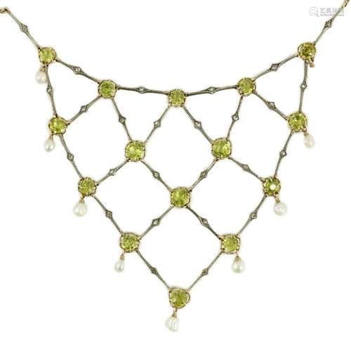 A late Victorian 15ct gold and platinum, peridot, rose cut d...