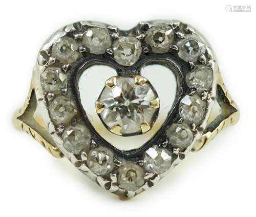 An antique gold and diamond set heart shaped open work clust...