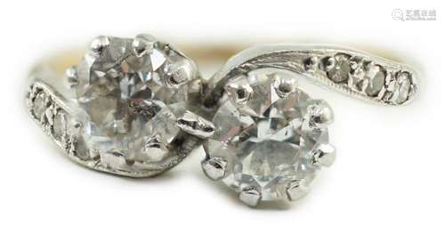 A mid 20th century 18ct gold, platinum and two stone diamond...