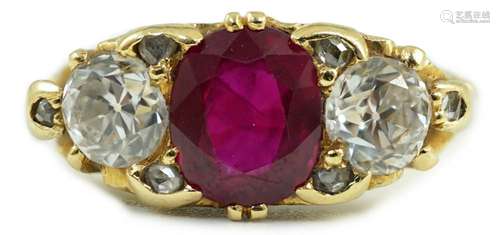 A Victorian style 18ct gold single stone oval cut ruby and t...