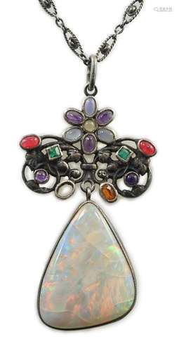 An early 20th century silver, white opal and cabochon gem cl...