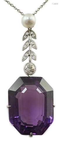 A 1920's white gold, amethyst, diamond and cultured pear...