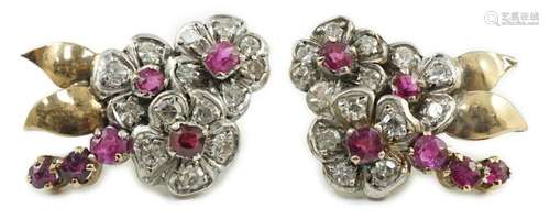 A pair of 1950's gold ruby and diamond set triple flower...