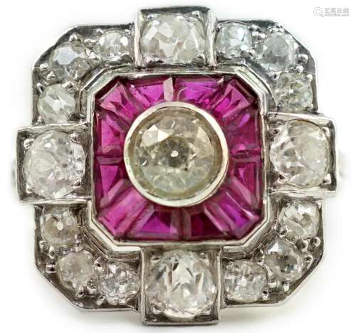 A 1920's/1930's platinum, ruby and diamond cluster s...