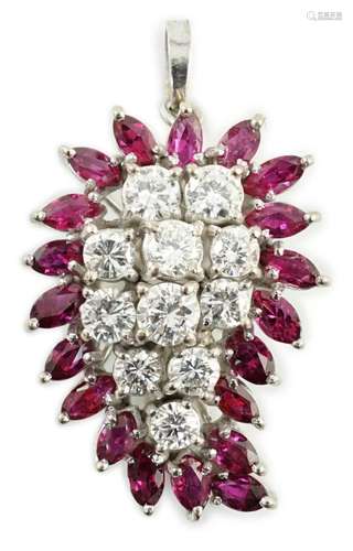 A modern white gold, ruby and diamond set pear shaped cluste...