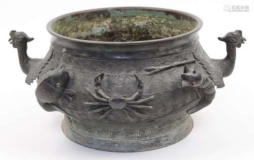 A large Japanese bronze incense burner, Meiji period, cast t...