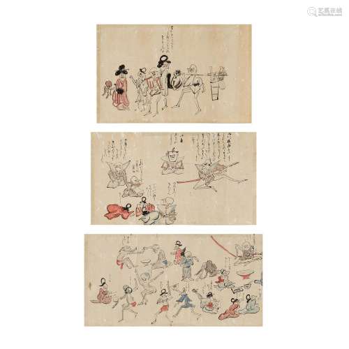 A set of three Japanese Toba-e paintings, Edo period, the co...