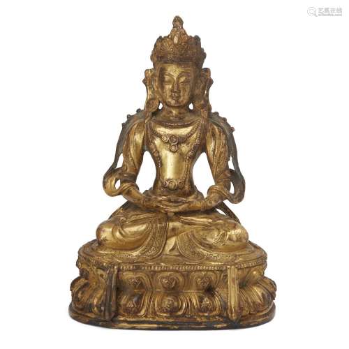 A Sino-Tibetan gilt-bronze figure of Amitayus, Qing dynasty,...