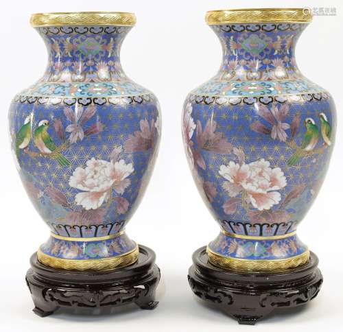 A pair of Chinese cloisonne enamel blue ground vases,20th ce...
