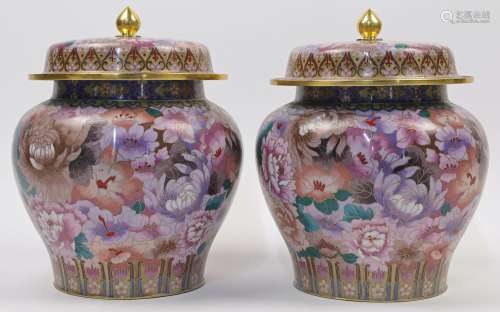 A pair of Chinese cloisonne enamel jars and covers, 20th cen...