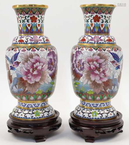 A pair of Chinese cloisonne enamel peonies vases, 20th centu...