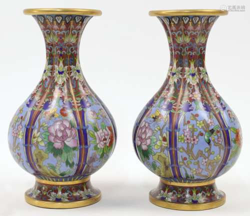A pair of Chinese lobbed cloisonne enamel vases, 20th centur...