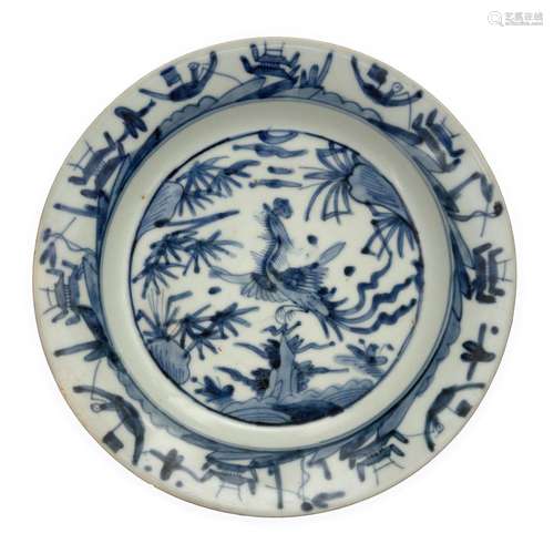 A Chinese Zhangzhou (Swatow) blue and white phoenix dish, Mi...