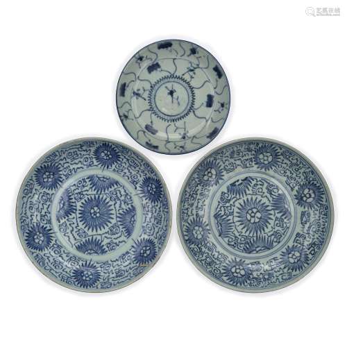 Three Chinese blue and white dishes, Qing Dynasty, 18th - 19...