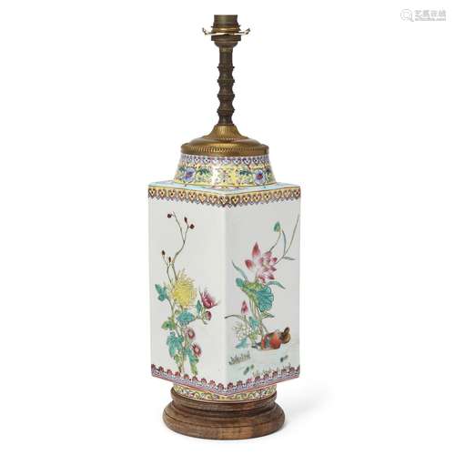 A famille rose square cylindrical vase, cong, mid-20th centu...