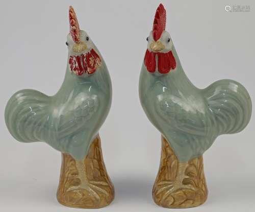 A pair of Chinese porcelain celadon roosters, Republic perio...