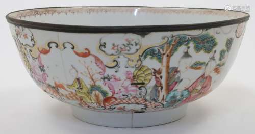 A Chinese export punch bowl, 18th century, decorated in fami...