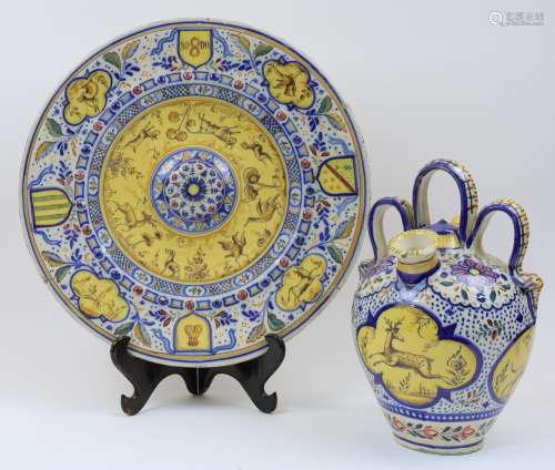 A Spanish Talavera tin-glazed earthenware charger and pot, l...