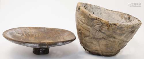 Two treen bowls, one of natural form with carved decorative ...