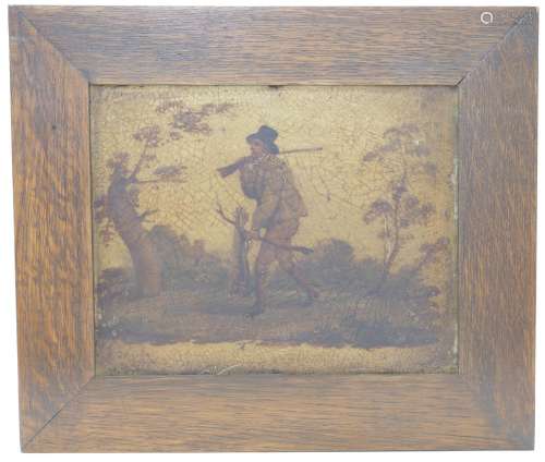 An oil on metal panel of a huntsman, 18th century, depicting...