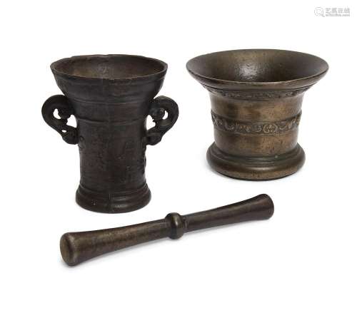 A Dutch or Flemish bronze mortar, 18th century, cast with tw...