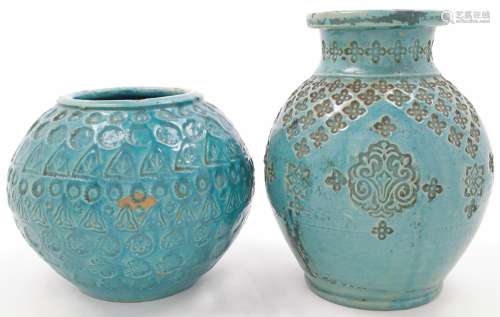 Two earthenware Fez vases, 20th century, both with impressed...