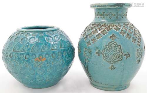 Two earthenware Fez vases, 20th century, both with impressed...